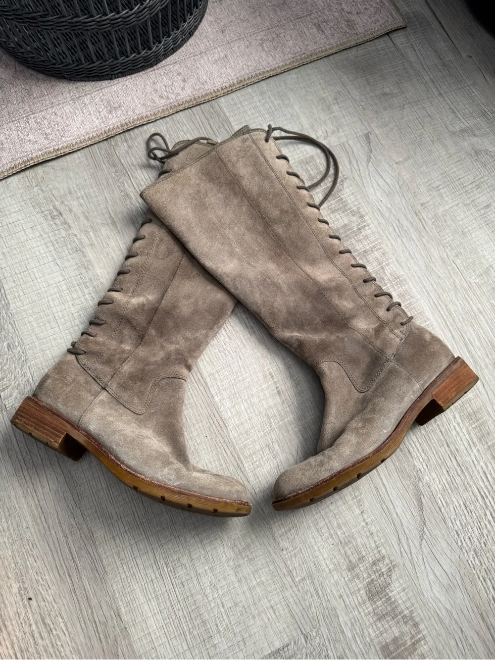Sofft Women’s Taupe Suede Knee-High Lace-Up Boots